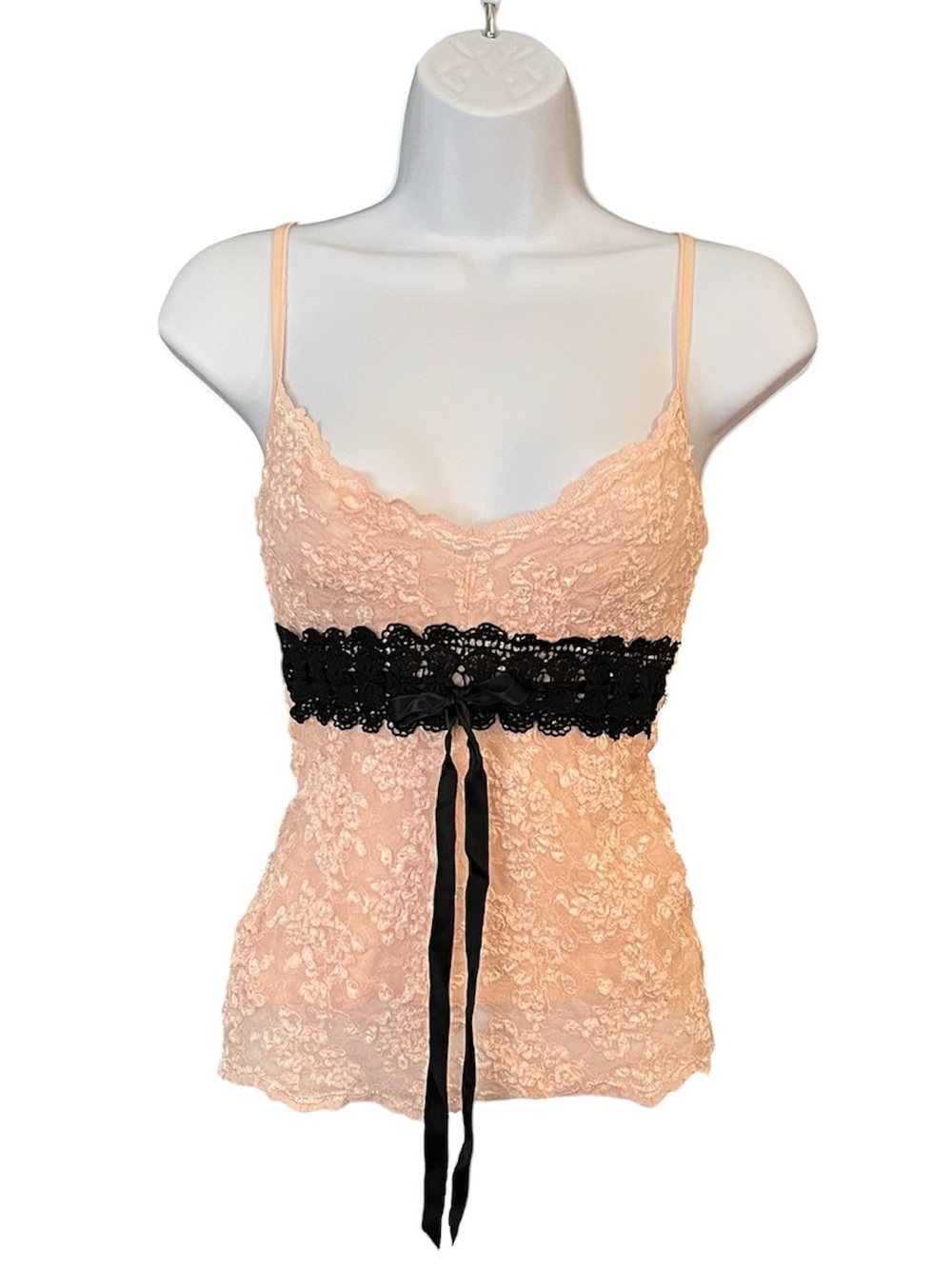 Vintage Ann Ferriday Pink & Black Sheer Lace Ribbon Tank Top Blouse Camisole